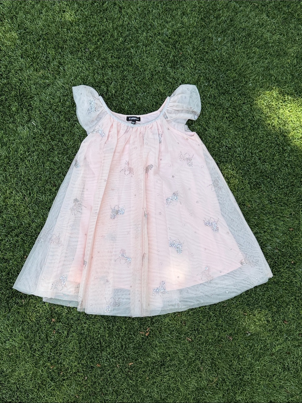 Zunie Light Pink Tulle Dress with Silver Sparkle Unicorns
